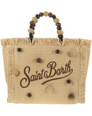 Mc2 Saint Barth Colette Stroheffekttasche mit Holzperlen und bestickten Logo - Mettallic