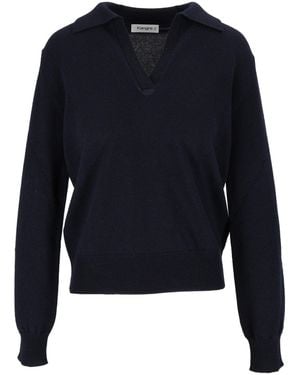 Kangra Cashmere Ribbed Cuffs Long-Sleeve Open Polo Shirt - Blue
