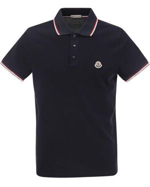 Moncler Cotton Pique Polo Shirt Con Tricolore - Nero