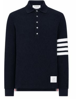 Thom Browne Polo Met Lange Mouwen In Getextureerd Piqué Met Eng 4 Bar - Blauw