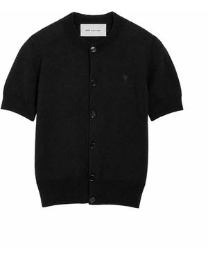 Ami Paris Cardigan Manches Courtes Avec De Coeur Contrasté - Noir