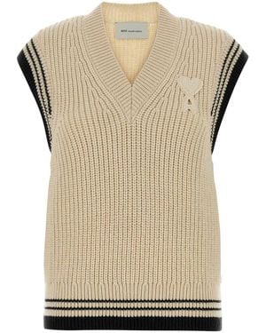 Ami Paris V Neck Sleeveless Jumper With De Coeur Patch - Grey