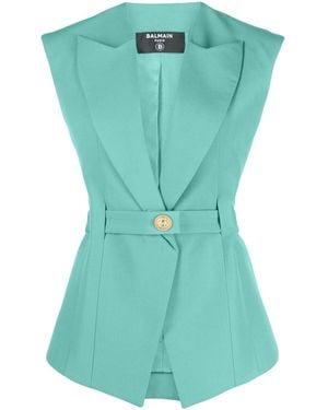 Balmain Sleeveless Belted Wool Jacket - Green