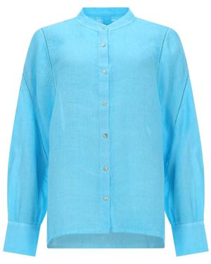 120% Lino Sheer Linen Button-Front Blouse - Blue