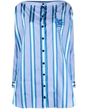 Etro Off-the-shoulder Embroidered Striped Cotton And Silk-blend Mini Shirt Dress - Blue