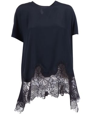 Fabiana Filippi Top Manica Corta In Crepe De Chine Con Pizzo Al Fondo Color Blu Notte - Blau