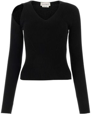 McQueen Fitted Ribbed Wool Sweater With Cut-Out Detail - Black