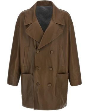 Fendi Manteau en cuir à double poit - Marron