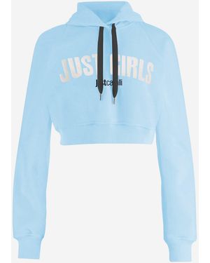 Just Cavalli Cropped Katoenen Sweatshirt Met Logo Aan De Voorkant - Blauw