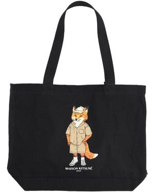 Maison Kitsuné Tote Bag Dressed Fox Cotton Handbags - Black