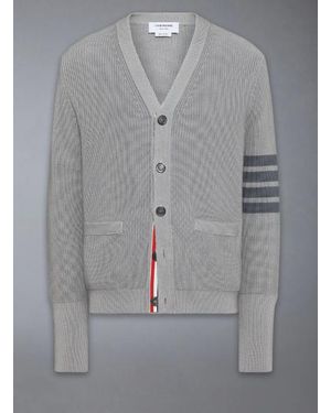 Thom Browne Garment Dye Cardigan Stitch V-Ausschnitt-Cardigan aus Baumwolle mit farblich abgestimmten 4-Stab-Streifen - Grau