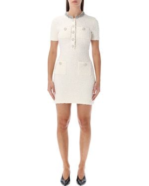 Self-Portrait Cream Bouclé Knit Mini Dress With Crystal Buttons - White