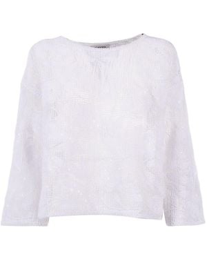 Kangra Cashmere Semi Sheer Sequined Embroidered Top - White