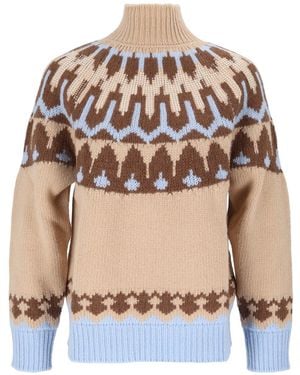 Ermanno Scervino Geometric Pattern Knit Sweater With High Ribbed Turtleneck - Natural