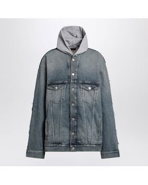 Balenciaga Denim And Fleece Cotton Jacket With Logo - Blue