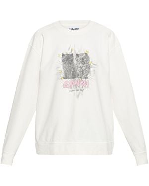 Ganni Kittens Print Cotton Sweatshirt - White