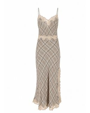 Ermanno Scervino Fitted Lace Trim Plaid Pattern Midi Dress - Natural