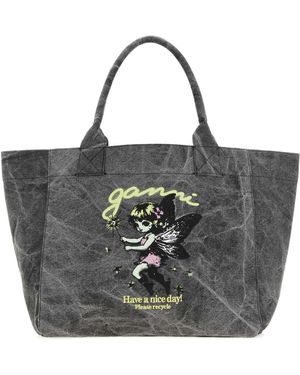Ganni Dark Grey Canvas Medium Trapeze Shopping Bag - Black