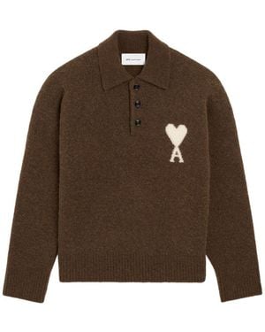Ami Paris Ami De Coeur Wool Polo Sweater - Brown