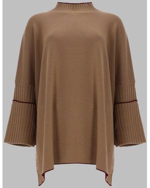 Herno Oversized Knit Top With Flared Sleeves And Asymmetrical Hem - Brown