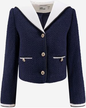 Self-Portrait Wool Blend Bouclé Jacket With Contrasting Collar - Blue