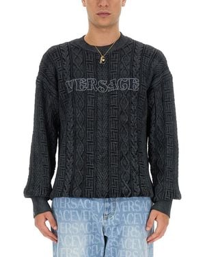 Versace Slim Fit Knit With Greek Braid Work - Black