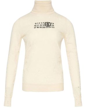 MM6 by Maison Margiela Distressed Turtleneck Jumper With Numeric Logo - White