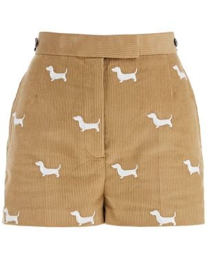Thom Browne Khaki Corduroy Shorts With Dog Pattern - Natural