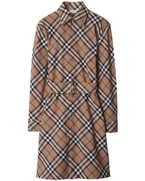 Burberry Check Wool Blend Chemisier Dress - Natural