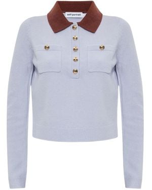 Self-Portrait Contrast Collar Knit Top - Blue