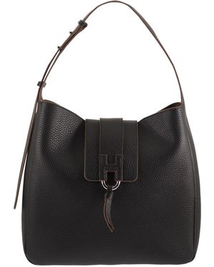 Hogan Hammered Leather Shoulder Bag With H Detail - Black