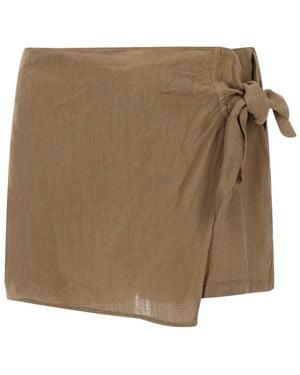 120% Lino Shorts With Bow, Linen - Brown