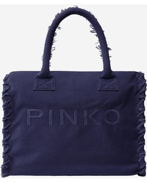Pinko Cotton Shopper Bag With Logo - Blue