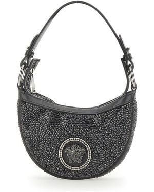 Versace Mini Hobo Handbag With Crystals - Grey