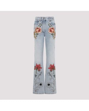 Valentino Vaqueros Denim 5 Bolsillos Con Flores Bordadas - Azul