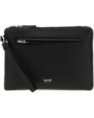 Tom Ford Grain Leather Pouch With Wristlet - Black