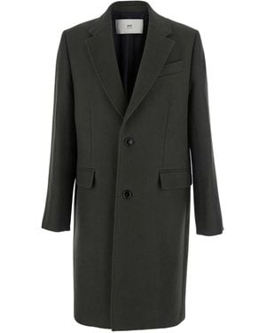 Ami Paris Tailored Wool Coat With Notch Lapel - Black