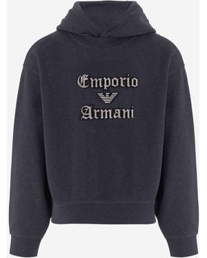 Emporio Armani Dark Cotton Hoodie With Contrasting Logo Patch - Blue