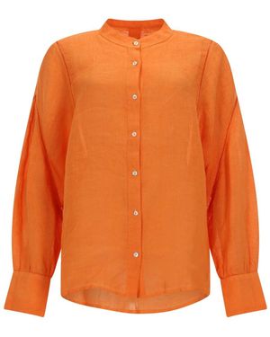 120% Lino Linen Mandarin Collar Button-Front Shirt - Orange