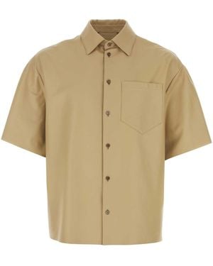 Prada Short-Sleeved Spread-Collar Boxy-Fit Leather Shirt - Natural