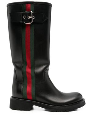 Gucci Web Detail Leather Boots - Black