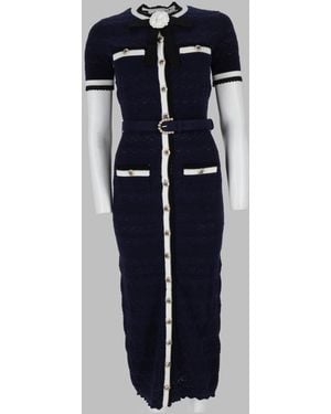 Self-Portrait Fitted Textured Midi Dress With Decorative Details - Blue