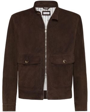 レザージャケット・コート Brunello Cucinelli Brown Leather Overshirt Jacket Brunello Cucinelli Grained Leather Aviator Jacket | Saks