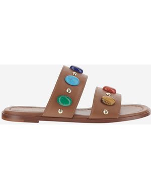 Gianvito Rossi Flache Ledersandalen mit Steinen - Braun