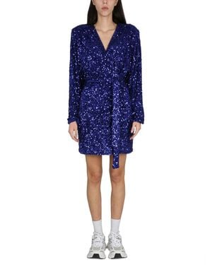 ROTATE BIRGER CHRISTENSEN Deep V-Neck Sequined Evening Dress With Adjustable Belt - Blue