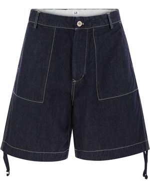 C.P. Company Cotton Denim Shorts With Concealed Button Fly - Blue