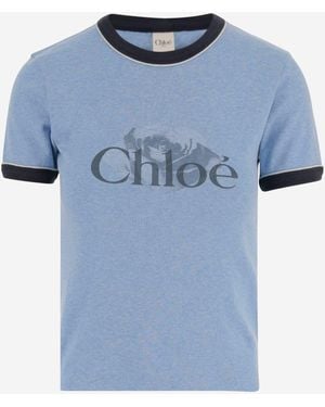 Chloé Cotton T Shirt With Logo - Blue