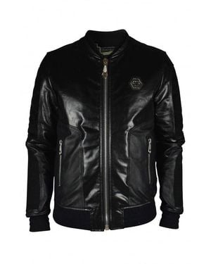 Philipp Plein Leather Bomber Jacket With Suede Inserts - Black