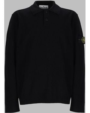 Stone Island Knit Polo Shirt With Logo Patch Virgin Wool - Black