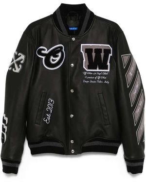 Off-White c/o Virgil Abloh Full Leather Varsity Jacket - Schwarz